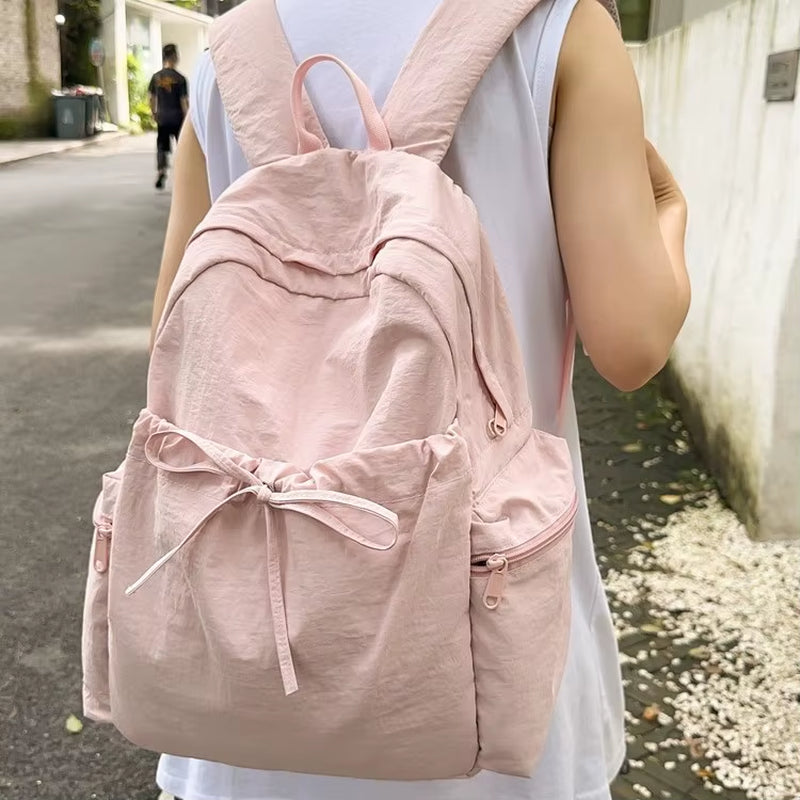 Korean Cream Student Schoolbag Solid Color Simple Unisex Backpack Casual Fashion Large Capacity Lightweight Waterproof Travel