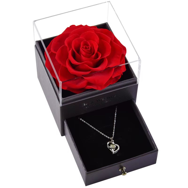 Trendy Eternal Rose Jewelry Box Real Flower Drawer Gift Set for Valentine Mother Day Present Keepsake Storage Case
