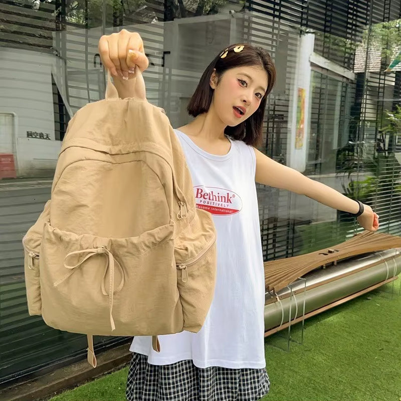 Korean Cream Student Schoolbag Solid Color Simple Unisex Backpack Casual Fashion Large Capacity Lightweight Waterproof Travel