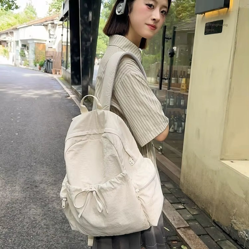 Korean Cream Student Schoolbag Solid Color Simple Unisex Backpack Casual Fashion Large Capacity Lightweight Waterproof Travel