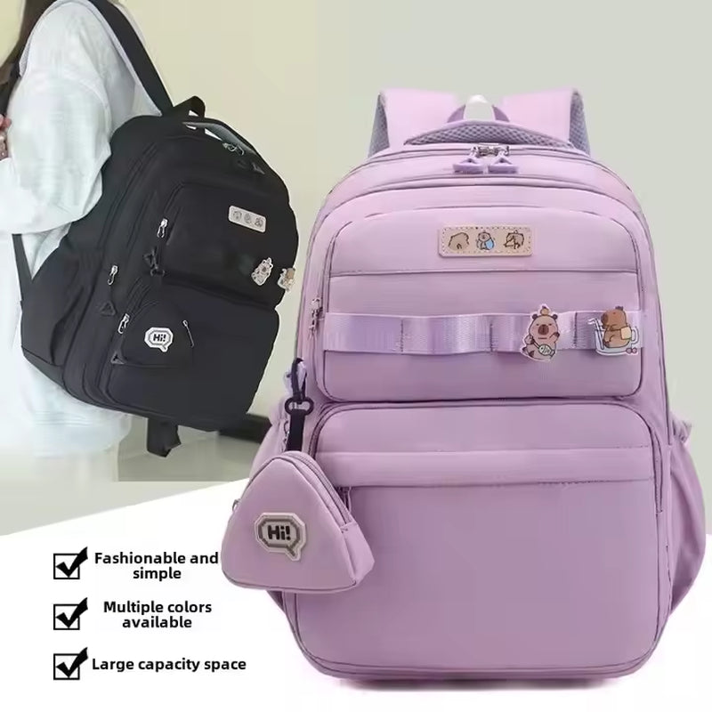 Casual Simple Solid Color Backpack Double Shoulder Strap Large Capacity Printed Design for Elementary High School Oxford