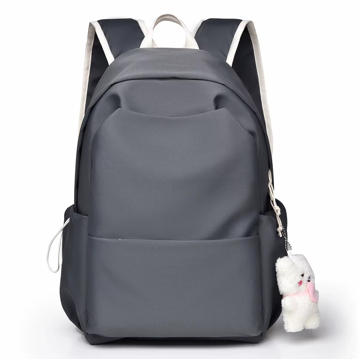 Cute Beige Backpack for Girls Lightweight Casual School Bag with Bear Charm Fashionable Travel Backpack for Women Zipper Closure