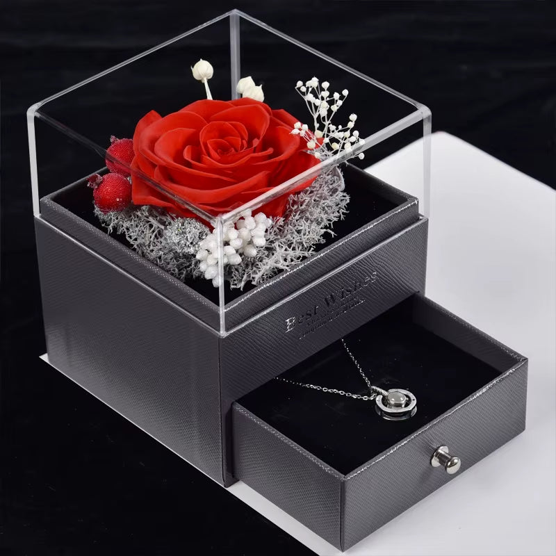 Trendy Eternal Rose Jewelry Box Real Flower Drawer Gift Set for Valentine Mother Day Present Keepsake Storage Case