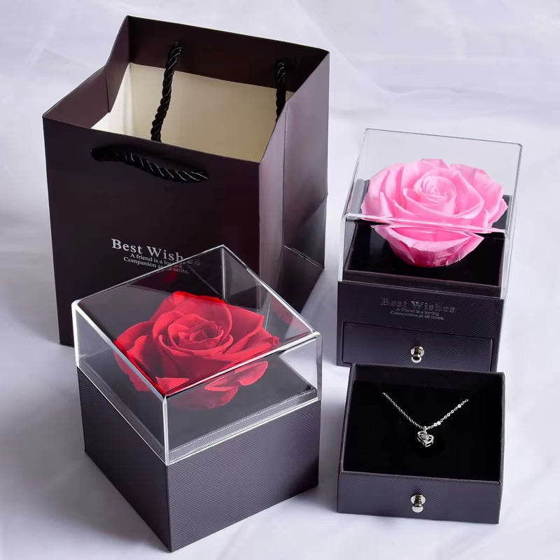 Trendy Eternal Rose Jewelry Box Real Flower Drawer Gift Set for Valentine Mother Day Present Keepsake Storage Case