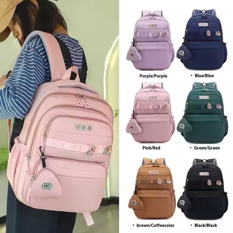 Casual Simple Solid Color Backpack Double Shoulder Strap Large Capacity Printed Design for Elementary High School Oxford