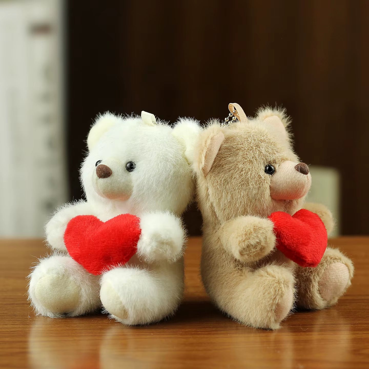 Mini Size Plush Bear Hug Red Heart Pillow Valentines' Keychain Bag Charm Faux Fur Keyring Pendant