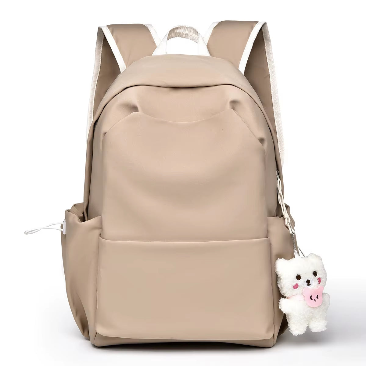Cute Beige Backpack for Girls Lightweight Casual School Bag with Bear Charm Fashionable Travel Backpack for Women Zipper Closure