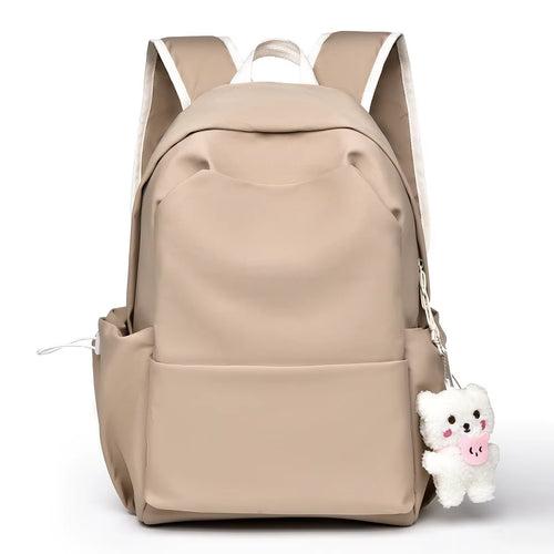 Cute Beige Backpack for Girls Lightweight Casual School Bag with Bear Charm Fashionable Travel Backpack for Women Zipper Closure