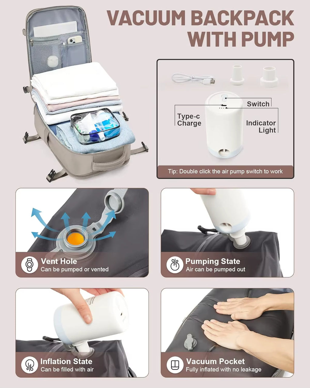 Women Men Laptop Backpack with Vacuum Compression Pump Waterproof Travel Bag Polyester Lining Seal Packing for Personal Items