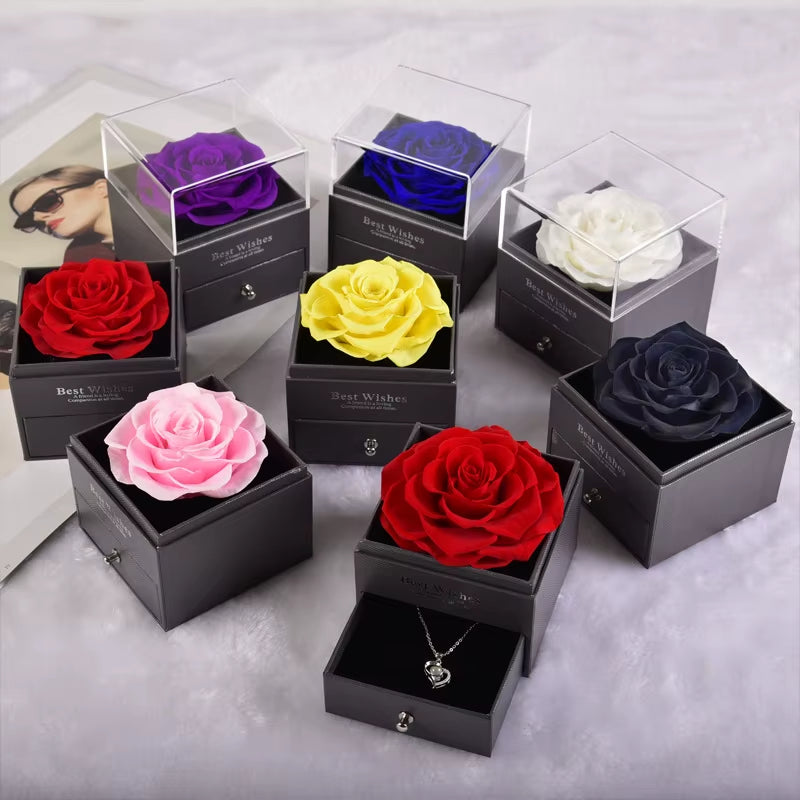 Trendy Eternal Rose Jewelry Box Real Flower Drawer Gift Set for Valentine Mother Day Present Keepsake Storage Case