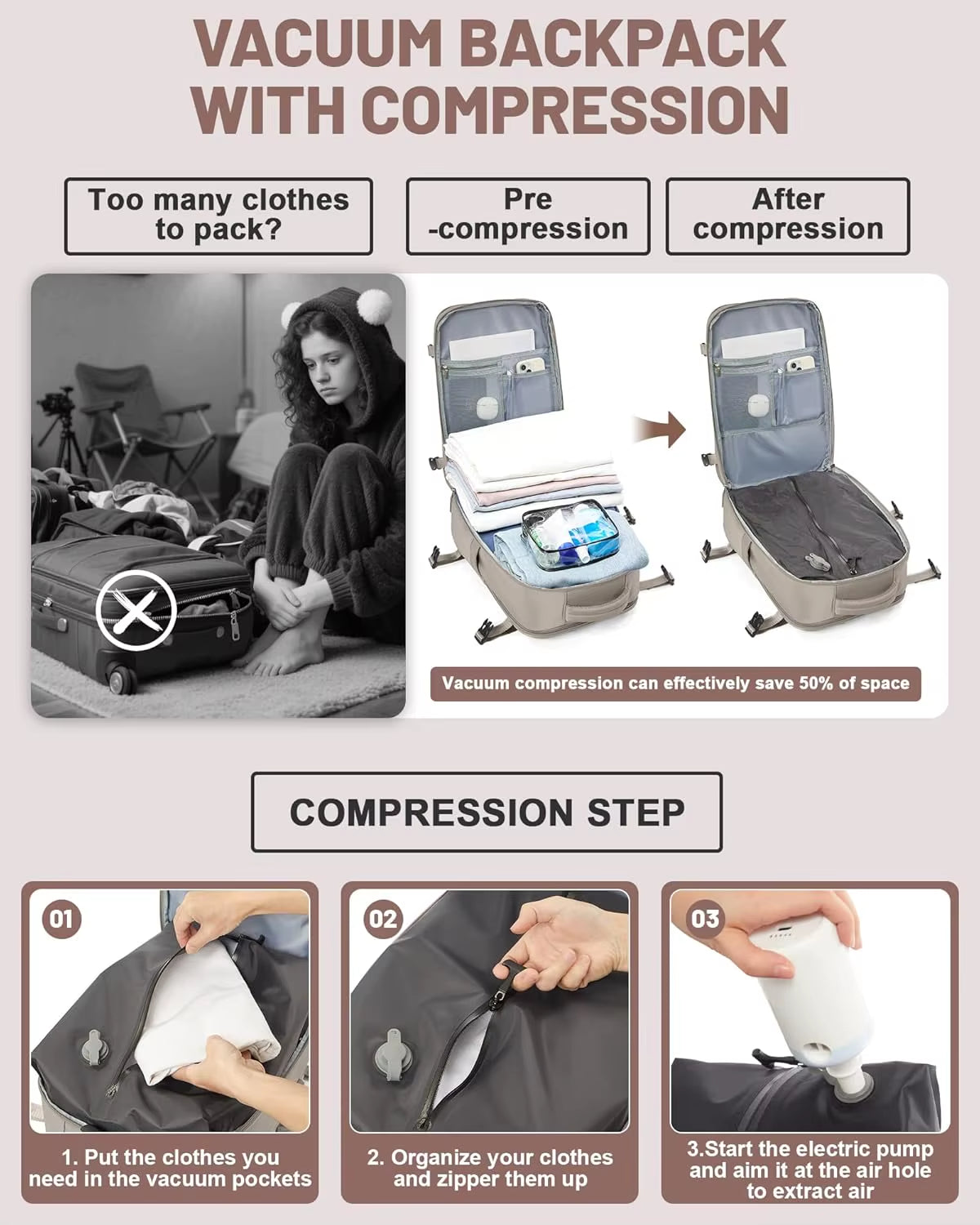 Women Men Laptop Backpack with Vacuum Compression Pump Waterproof Travel Bag Polyester Lining Seal Packing for Personal Items