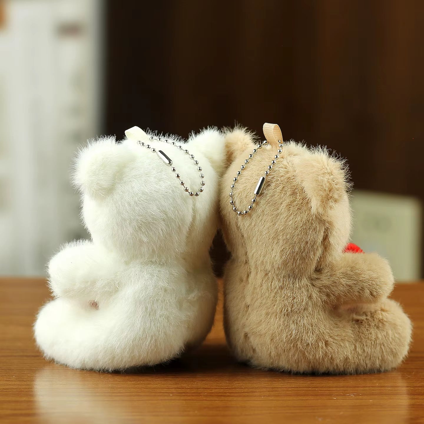 Mini Size Plush Bear Hug Red Heart Pillow Valentines' Keychain Bag Charm Faux Fur Keyring Pendant