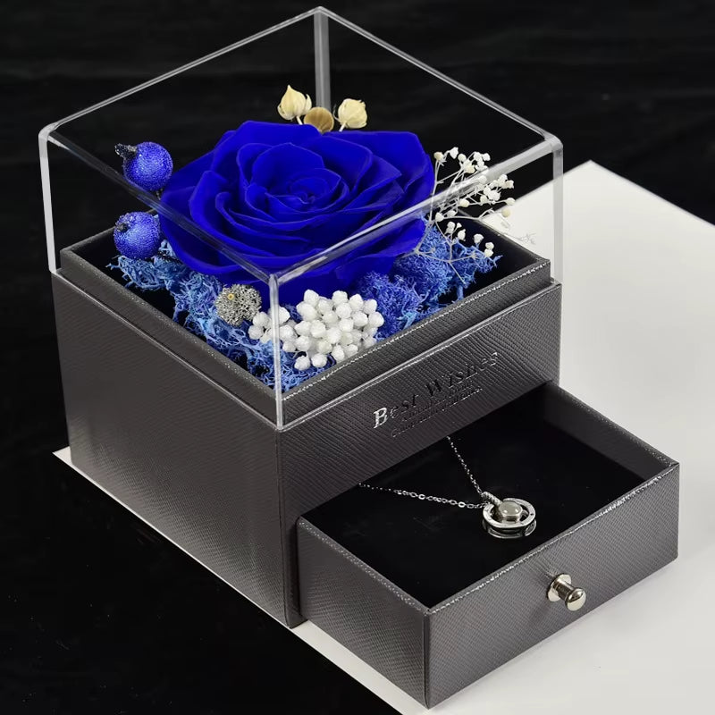 Trendy Eternal Rose Jewelry Box Real Flower Drawer Gift Set for Valentine Mother Day Present Keepsake Storage Case
