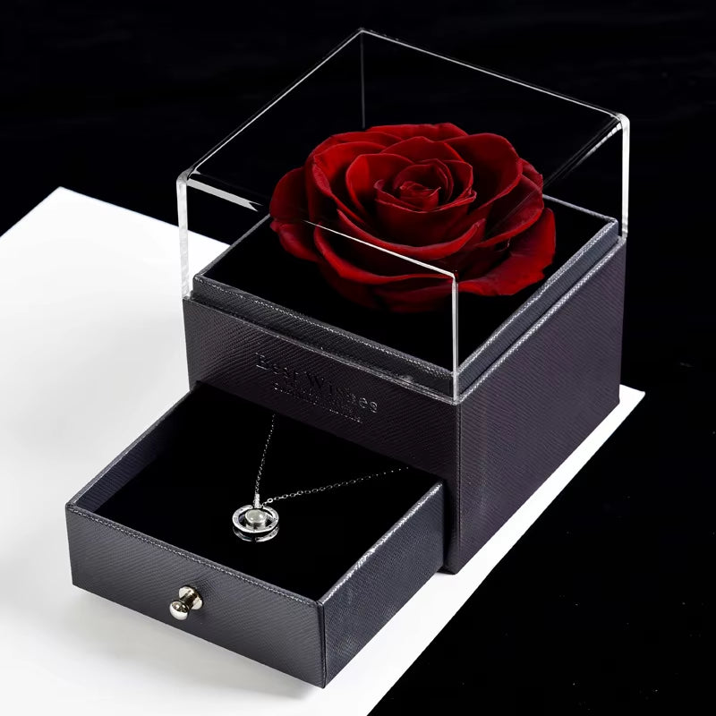 Trendy Eternal Rose Jewelry Box Real Flower Drawer Gift Set for Valentine Mother Day Present Keepsake Storage Case